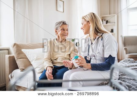 A Health Visitor Explaining A Senior Woman How To Take Pills.
