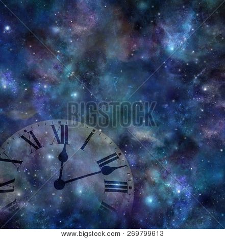 Time And Space Background - Faint Clock Face Merging With Dark Night Sky Background With Many Stars,
