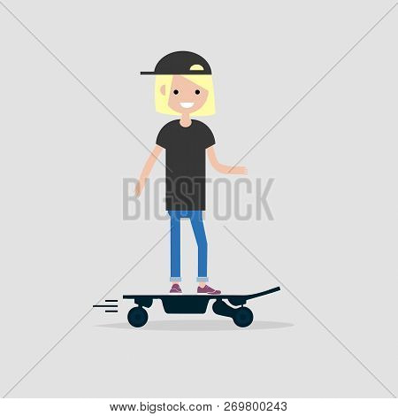 Young Female Hipster Character Rides On Electric Skateboard.flat Design