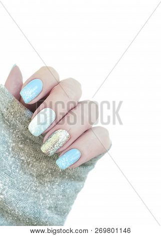 Female Hand Manicure, Sweater Knitted, Stylish, Shellac, Light Blue
