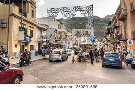 Sferracavallo, Sicily, Italy - October 1, 2018: View Of Main Street With Outside Market At Afternoon