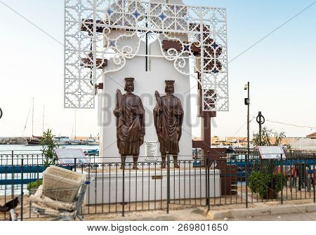 Sferracavallo, Sicily, Italy - October 1, 2018: Monument To Sant Cosma And Sant Damiano On The Seafr