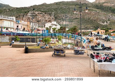 Sferracavallo, Sicily, Italy - October 1, 2018: View Of Main Street With Outside Market At Afternoon