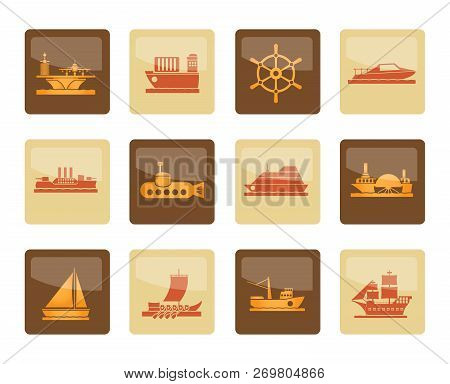 Different Types Of Boat And Ship Icons Over Brown Background - Vector Icon Set