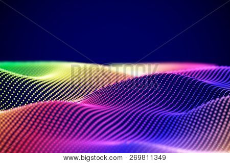 Abstract Digital Landscape Or Soundwaves With Flowing Particles. Big Data Technology Background. Vis