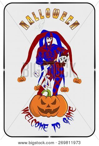 Vector Illustration To Helluin, The Image Of A Joker With A Dagger And Cards And The Laughing Loudly
