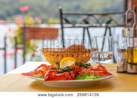 Italian Appetizer With Freshwater Prawns. A Typical Appetizer On The Lake Piediluco. Umbria, Italy