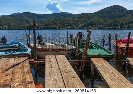 Colorful Fishing Boats On The Lake Piediluco. Umbria, Italy