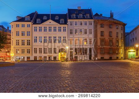 Square Amagertorv In Night Lighting At Sunrise. Copenhagen. Denmark.