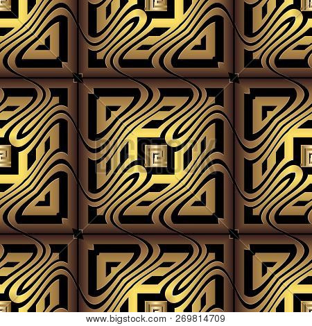Gold 3d Checkered Ornamental Greek Vector Seamless Pattern. Orna
