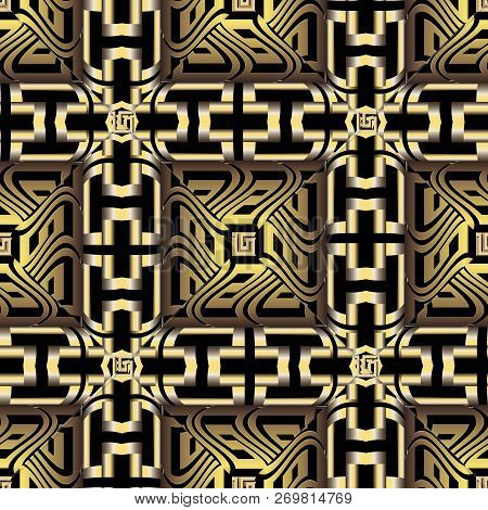 Gold 3d Checkered Ornamental Greek Vector Seamless Pattern. Orna