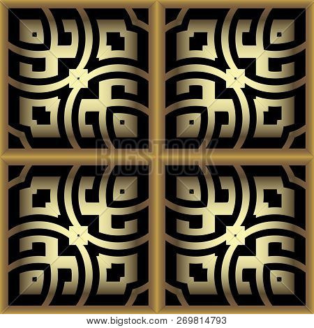 Gold 3d Checkered Ornamental Greek Vector Seamless Pattern. Orna
