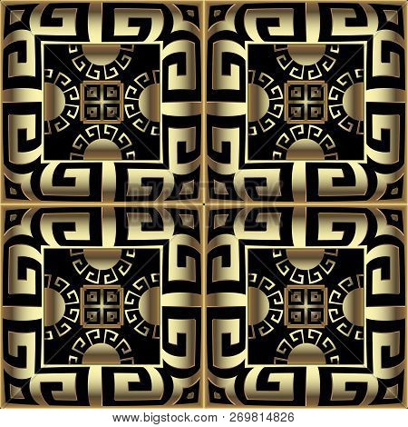 Gold 3d Checkered Ornamental Greek Vector Seamless Pattern. Orna