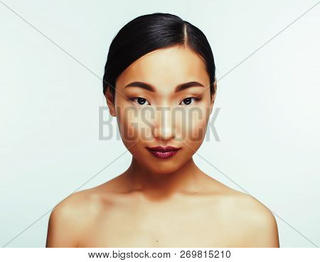 Young Pretty Brunette Asian Woman Emotional Posing, Happy Smilin