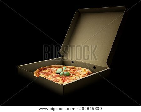 Pizza In A Cardboard Box Against A Dark Background. Pizza Delivery Or Pizza Menu Content. 3d Illustr