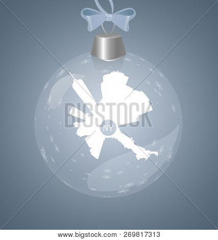 Winter Christmas Toy With New York City Round Sllhouette. Snowflakes In Transparent Glass Toy.