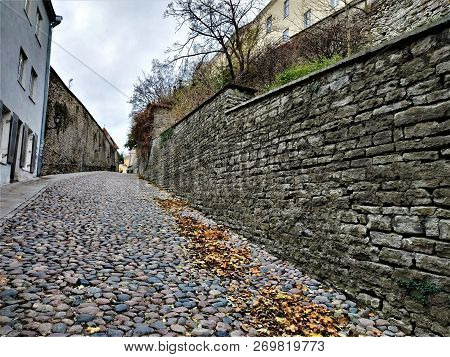 Beautiful Pikk Jalg Cobblestone Road In Tallinn, Estonia