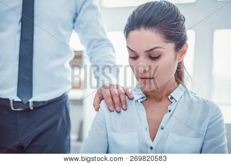 Obscene Man In Official Clothes Putting His Hand On Woman Shoulder