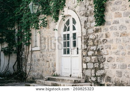 Door Or Entrance To A Residential House Decorated With Plants.