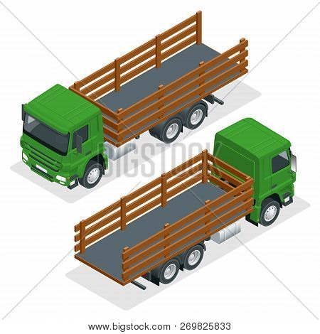 Isometric Flatbed Truck Template Isolated On White On White. Vehicle Branding Mockup. Flatbed Truck 