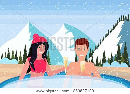 Couple Man Woman Hold Champagne Relax In Outdoor Swimming Pool Snowy Mountains Fir Tree Landscape Ba