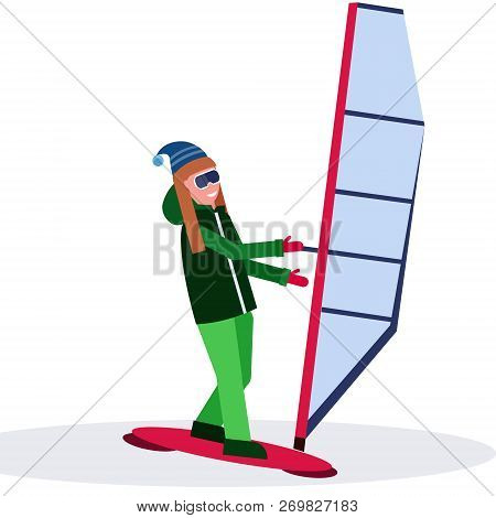 Woman Windboarder Holding Sail Girl Windboarding Windsurfing On Snow Concept Extreme Winter Sport Fe