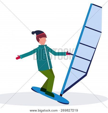 Man Windboarder Holding Sail Guy Windboarding Windsurfing On Snow Concept Extreme Winter Sport Male 