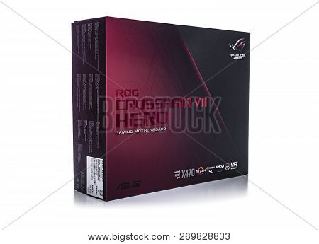 Uzhgorod, Ukraine - October 24, 2018: Box Of Motherboard Asus Rog Crosshair Vii Hero On White Backgr