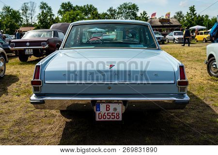 Paaren Im Glien, Germany - May 19, 2018: Compact Car Plymouth Valiant 200, 1966. Rear View. Exhibiti