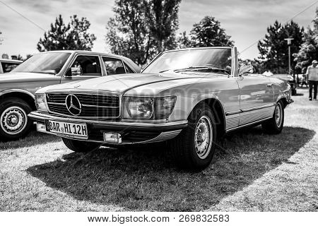 Paaren Im Glien, Germany - May 19, 2018: Sports Car Mercedes-benz R107. Black And White. Exhibition 