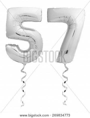 Silver Chrome Fifty Seven 57 Made Of Inflatable Balloon With Ribbon On White