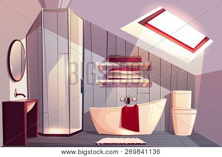 Vector Interior Of Bathroom In Attic. Modern Restroom With Glass Shower Cabin And Shelves For Towels