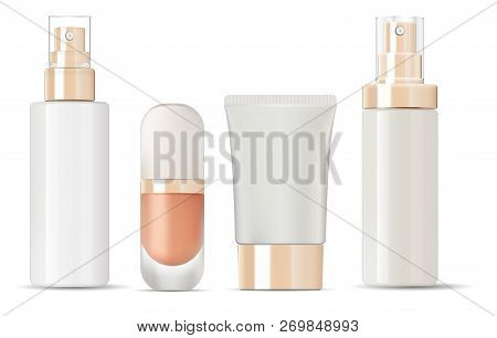 Glossy Glass Bottles With Gold Lids Mockup Set. Vector Illustration Blank Templates Of Empty Clean G