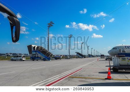 Istanbul Ataturk Airport, Turkey - August 21, 2018: The Ramps Standing On The Airfield. Many Movable