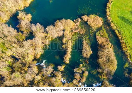 Croatian River Mreznica From Air, Drone Shoot, Top Down View, Karlovac County, Green Nature, Bayous,
