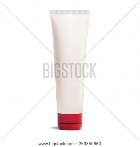 Cream Or Ointment Cosmetic Tube With Perl White Color Design And Red Cap. Realistic Package Vector I