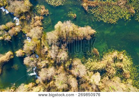 Croatian River Mreznica From Air, Drone Shoot, Top Down View, Karlovac County, Green Nature, Bayous,