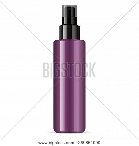 Purple Cosmetic Glossy Plastic Or Glass Bottle With Black Dispenser Spray Pump. Sprayer Liquid Conta