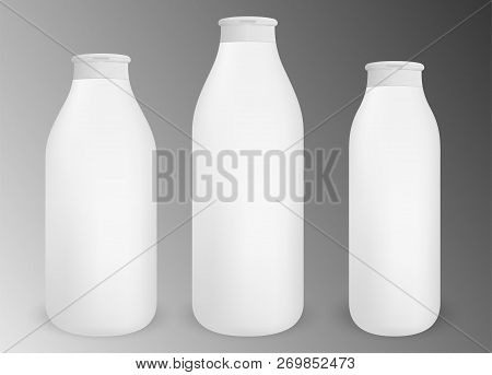 Different Size Blank White Round Bottles For Cosmetic Products: Shampoo, Shower Gel, Soap, Scrab. Ve