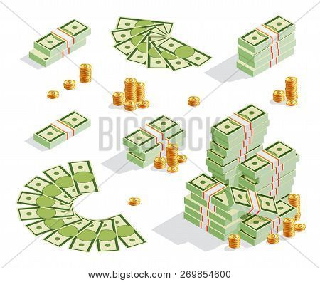 Set Of Stack Of Banknotes, Golden Coins, Money Fan, Cash