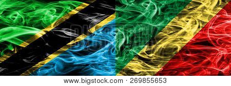 Tanzania Vs Congo, Congolese Smoke Flags Placed Side By Side. Thick Colored Silky Smoke Flags Of Tan