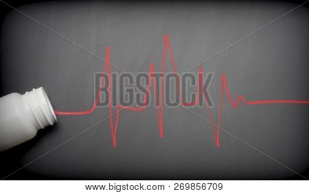 Impulses In Red Drawn On Slate Go Out Of A Bottle Of Pills, Conceptual Image