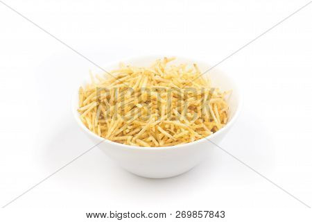 Potato Sticks In A White Bowl. Batata Palha Isolated On White Background