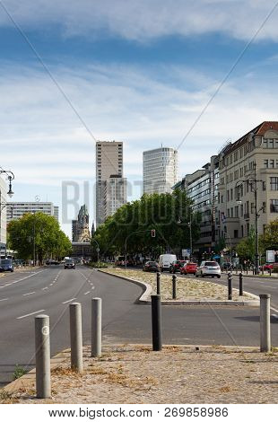 Berlin, Germany- September 17, 2018: View Of The Kaiser Wilhelm Memorial Church From The Street Hard