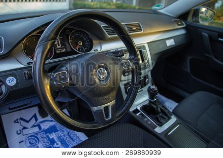 Belgrade, Serbia, October 14. 2018 : Passat B7 Blue Motion Steering Wheel