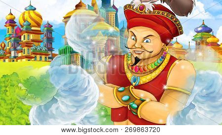 Cartoon Scene With Medieval Arabic Kingdom Prince Or King Traveling - Far East Ornaments - The Stage