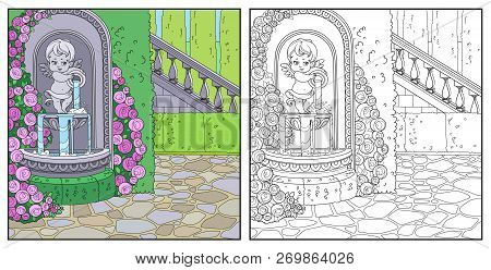 Fountain Cupid With A Jug Rose Overlaid In A Secluded Corner Of The Palace Park Color And Outlined F