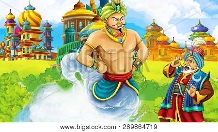 Cartoon Scene With Medieval Arabic Kingdom Prince Or King Traveling Encountering Magician - Far East