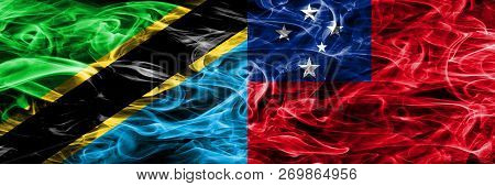 Tanzania Vs Samoa, Samoan Smoke Flags Placed Side By Side. Thick Colored Silky Smoke Flags Of Tanzan