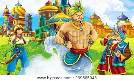 Cartoon Scene With Medieval Arabic Kingdom Prince Or King Traveling Encountering Magician - Far East